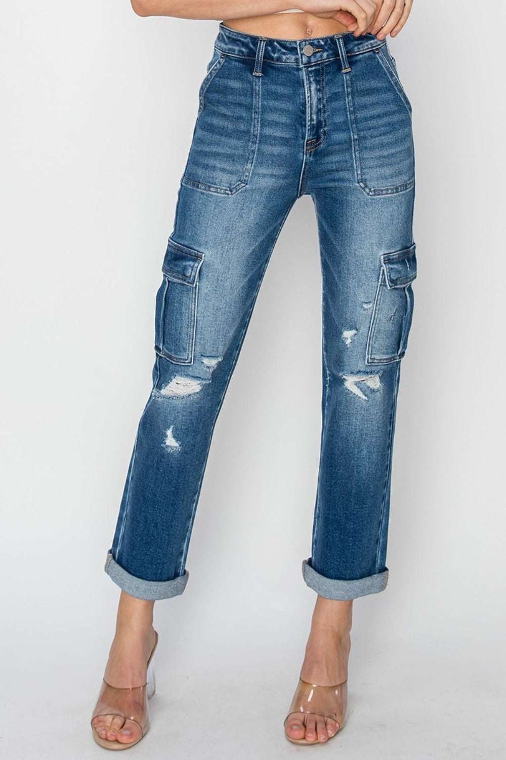 Full size high-rise cargo ankle roll-up straight jeans with distressed details.