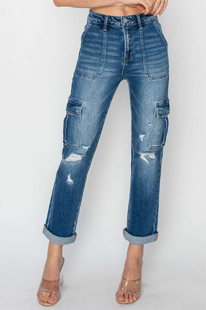 Full size high-rise cargo ankle roll-up straight jeans with distressed details.