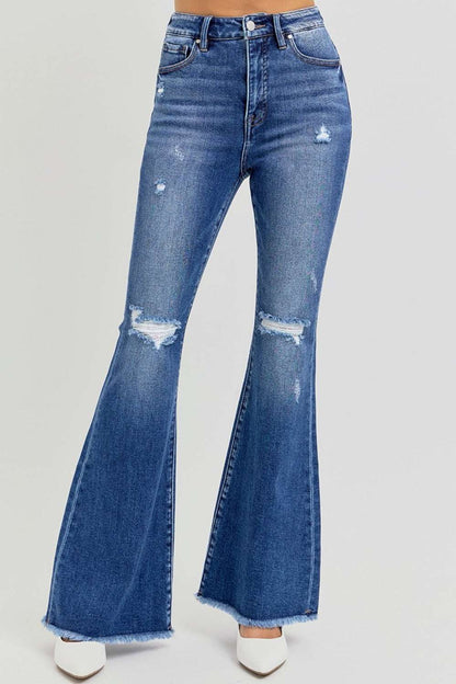 Full size high rise distressed raw hem flare jeans with a trendy retro vibe.