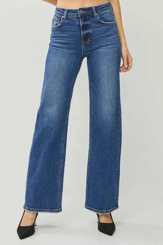 RISEN High Rise Straight Jeans in blue with a flattering high-rise waist and versatile straight leg design.