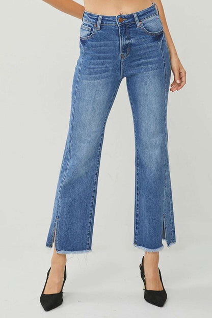 High Waist Raw Hem Slit Straight Jeans with pockets and moderate stretch denim.
