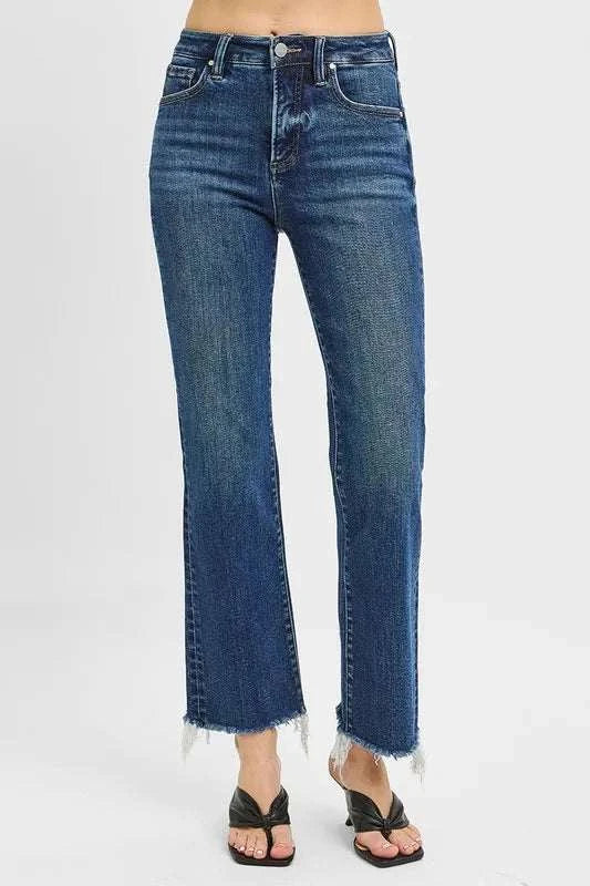 Tummy Control High Rise Crop Straight Jeans with Raw Hem.