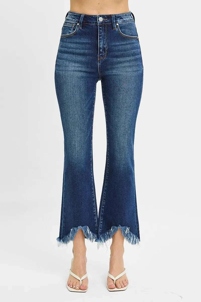 Full size high rise crop bootcut jeans with fray hem in blue denim.