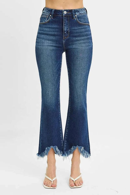 Full size high rise crop bootcut jeans with fray hem in blue denim.
