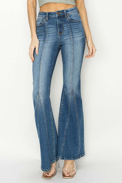 Full size high rise flare jeans with front seam detail and retro style.