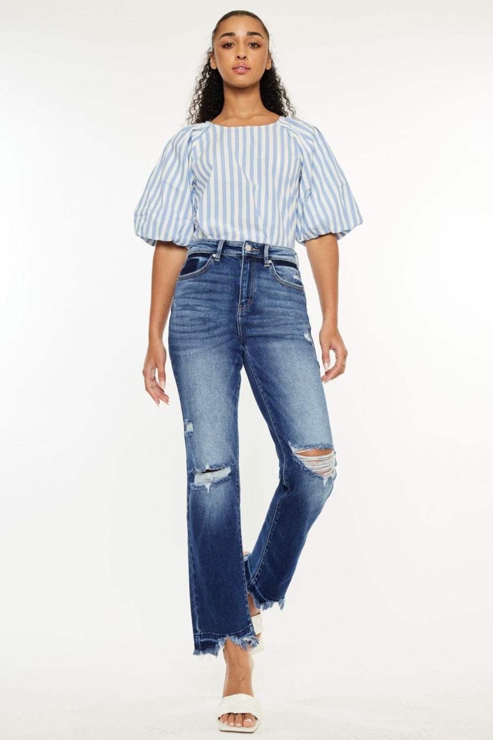 Kancan High Rise Distressed Slim Straight Jeans, dark wash, raw hem, stretchy fit.