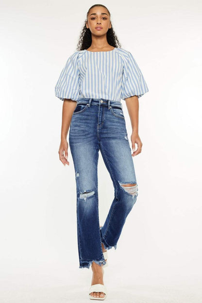 Kancan High Rise Distressed Slim Straight Jeans, dark wash, raw hem, stretchy fit.