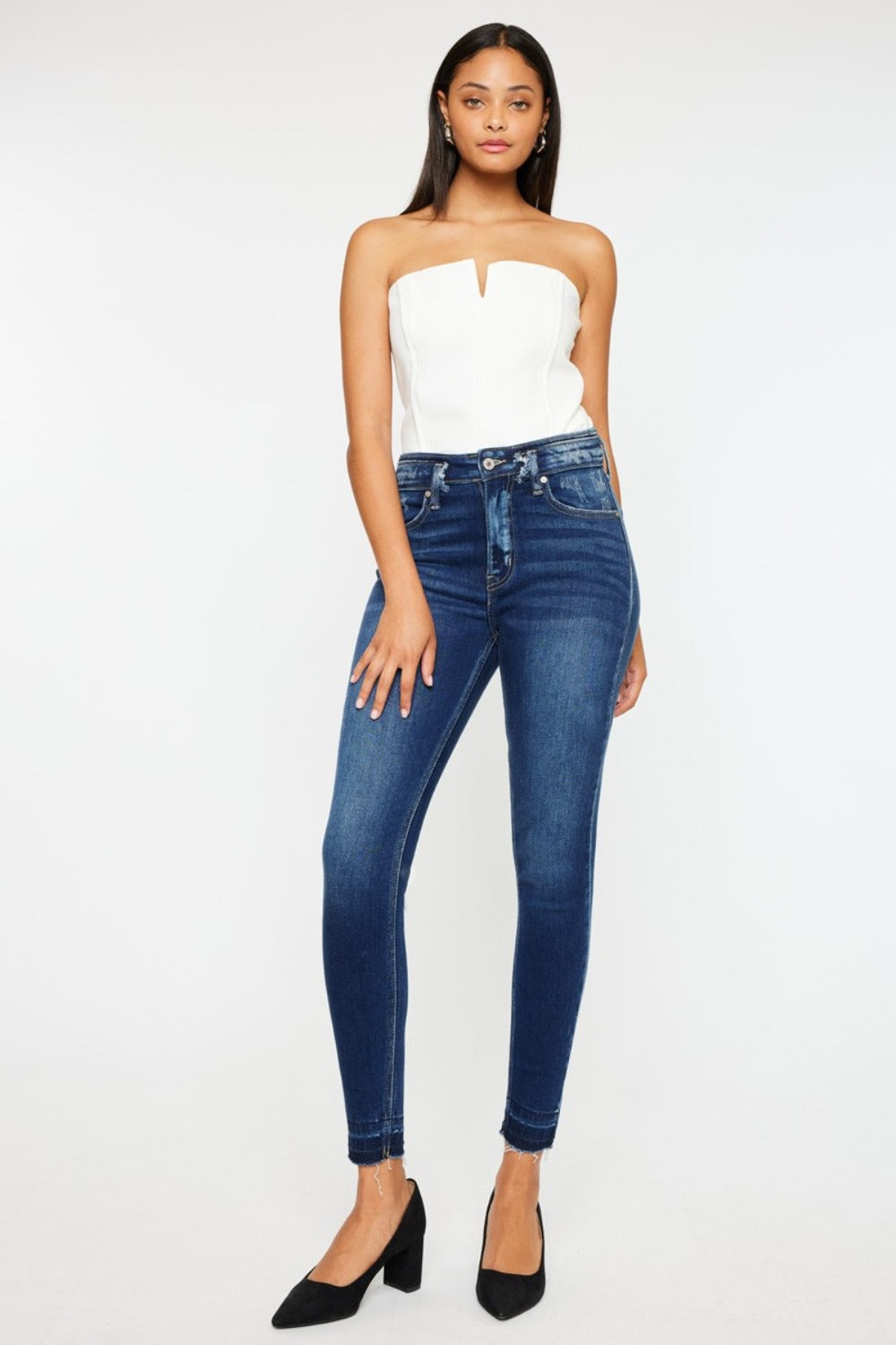 Kancan full size high rise ankle skinny jeans in dark wash with double waistband and raw hem.