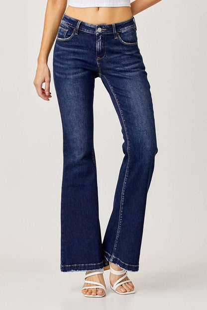 Full size low rise flare jeans with dark wash and pocket detail.