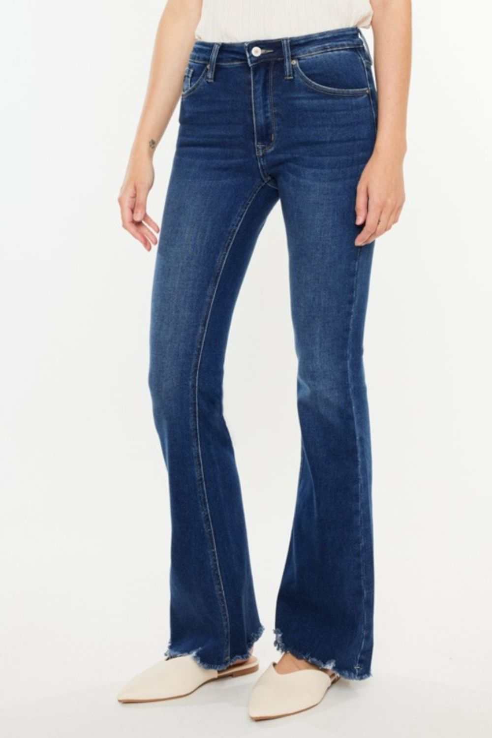Kancan Cat's Whiskers Raw Hem Flare Jeans with raw hem and flare cut.