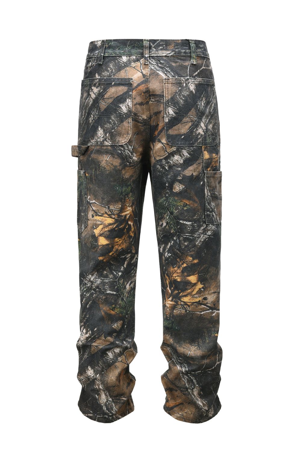 Men's camouflage leaf-print cargo jeans with no stretch, made of 95% cotton and 5% polyester.