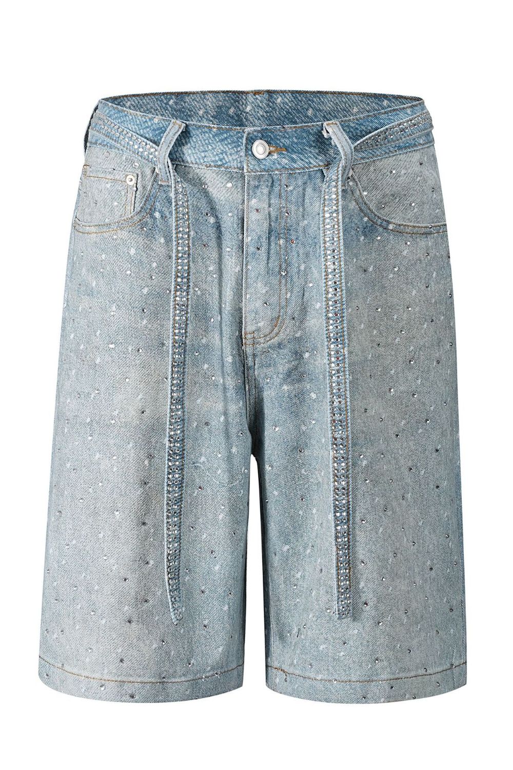 Men's washed rhinestone denim Bermuda shorts with basic style, slightly stretchy fabric.