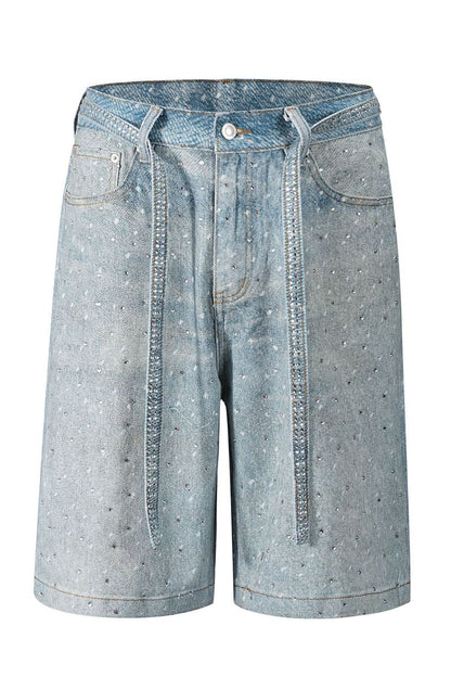 Men's washed rhinestone denim Bermuda shorts with basic style, slightly stretchy fabric.