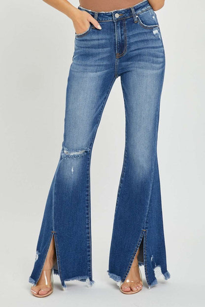 Full size high rise flare jeans with front slit and frayed hem.