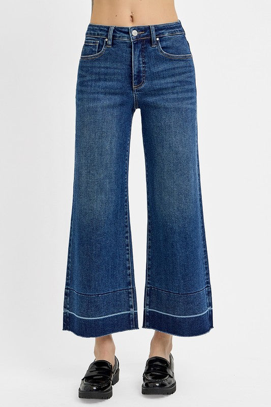 Full size blue crop wide hem jeans with tummy control and high-rise design.
