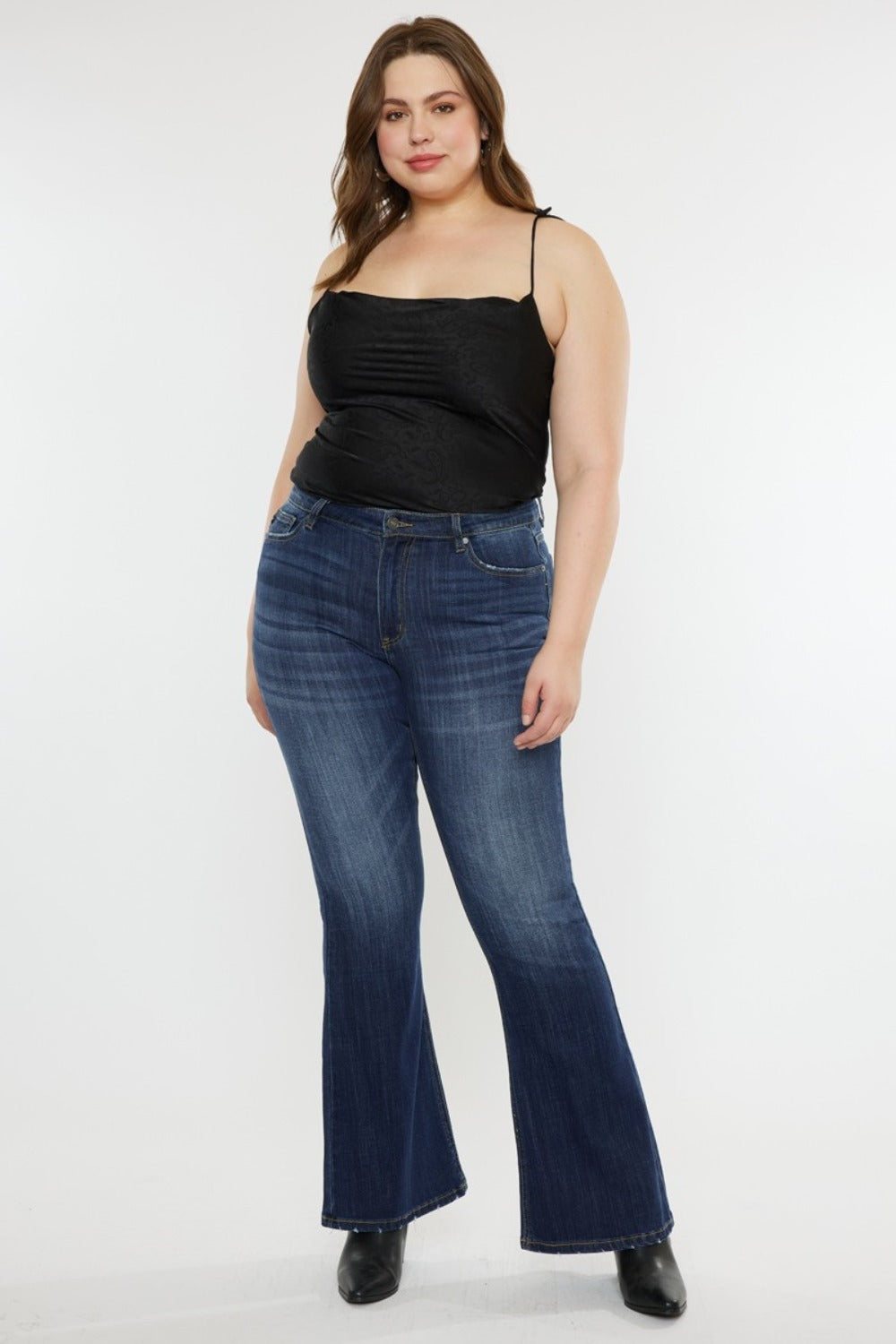 Kancan Full Size Mid Rise Slim Flare Jeans in dark stone wash, flattering fit, versatile style.