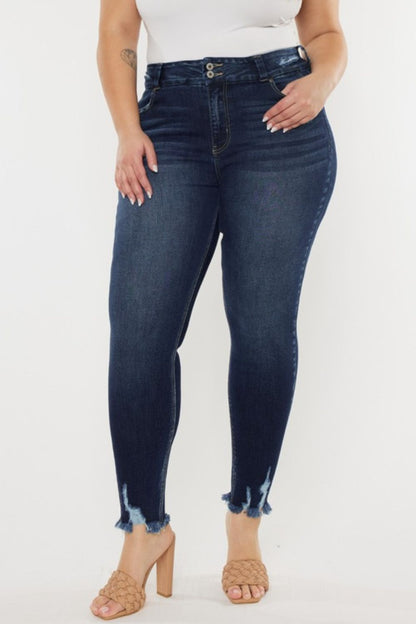 Kancan full size high waist jeans with raw hem, featuring vintage-inspired design and dark wash.