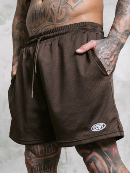Men's plus size drawstring breathable active shorts in dark color.
