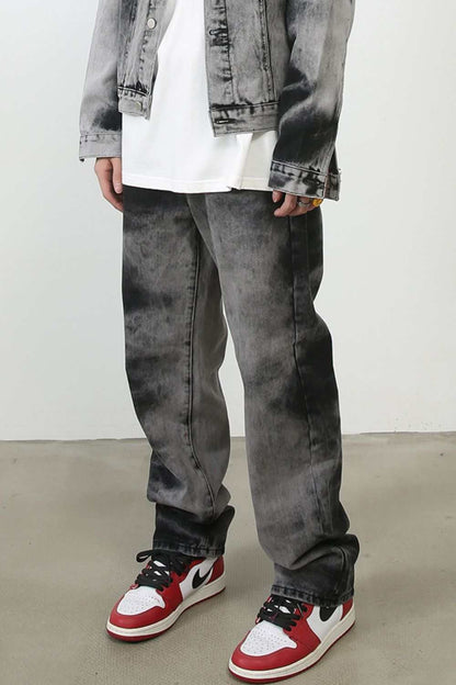 Men's tie dye baggy jeans with pockets, basic style, in black and gray.