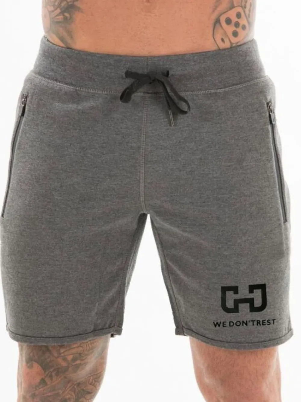 Men's gray drawstring shorts with side pockets.