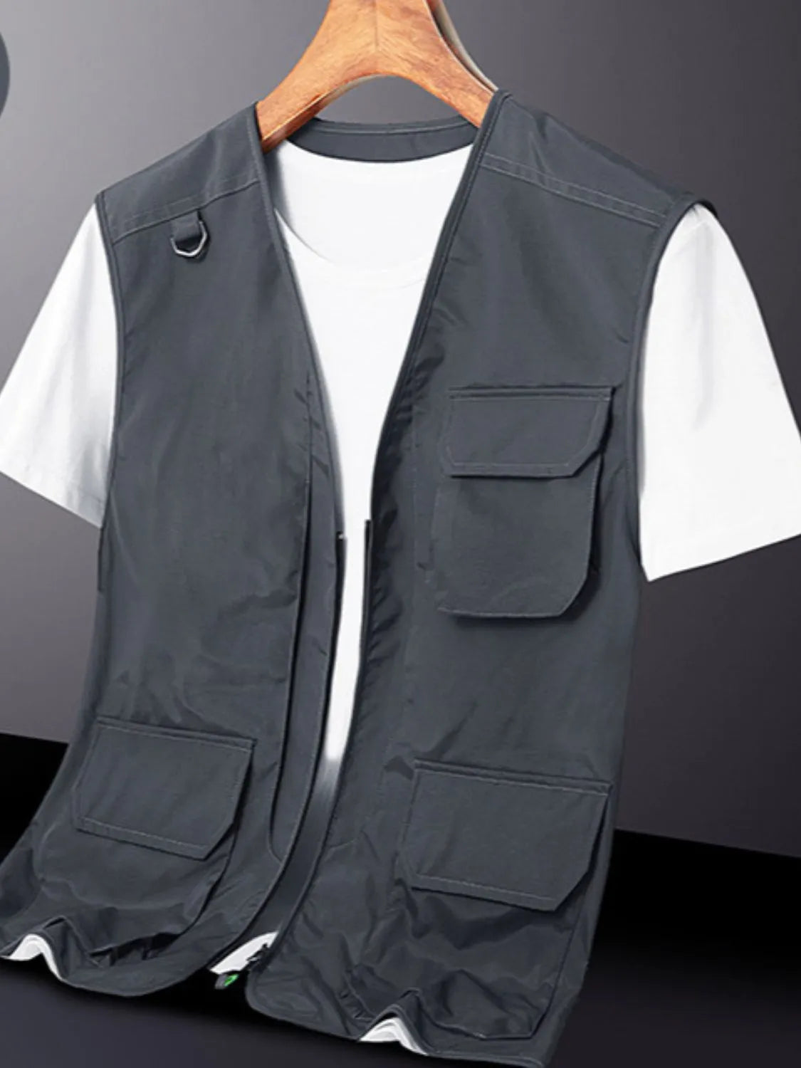 Men's plus size zip-up V-neck vest in gray, featuring a basic style and multiple pockets, made from 100% polyester.