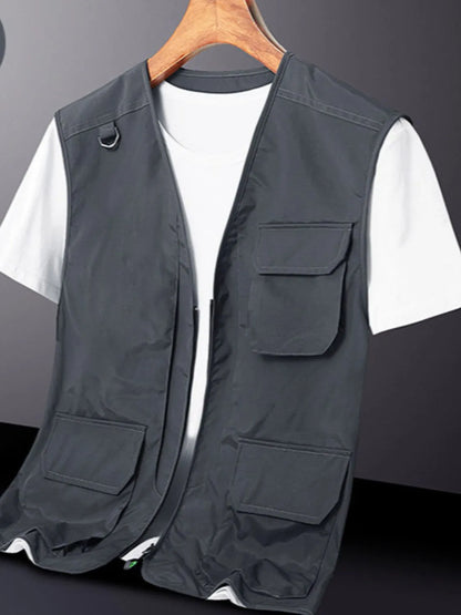 Men's plus size zip-up V-neck vest in gray, featuring a basic style and multiple pockets, made from 100% polyester.