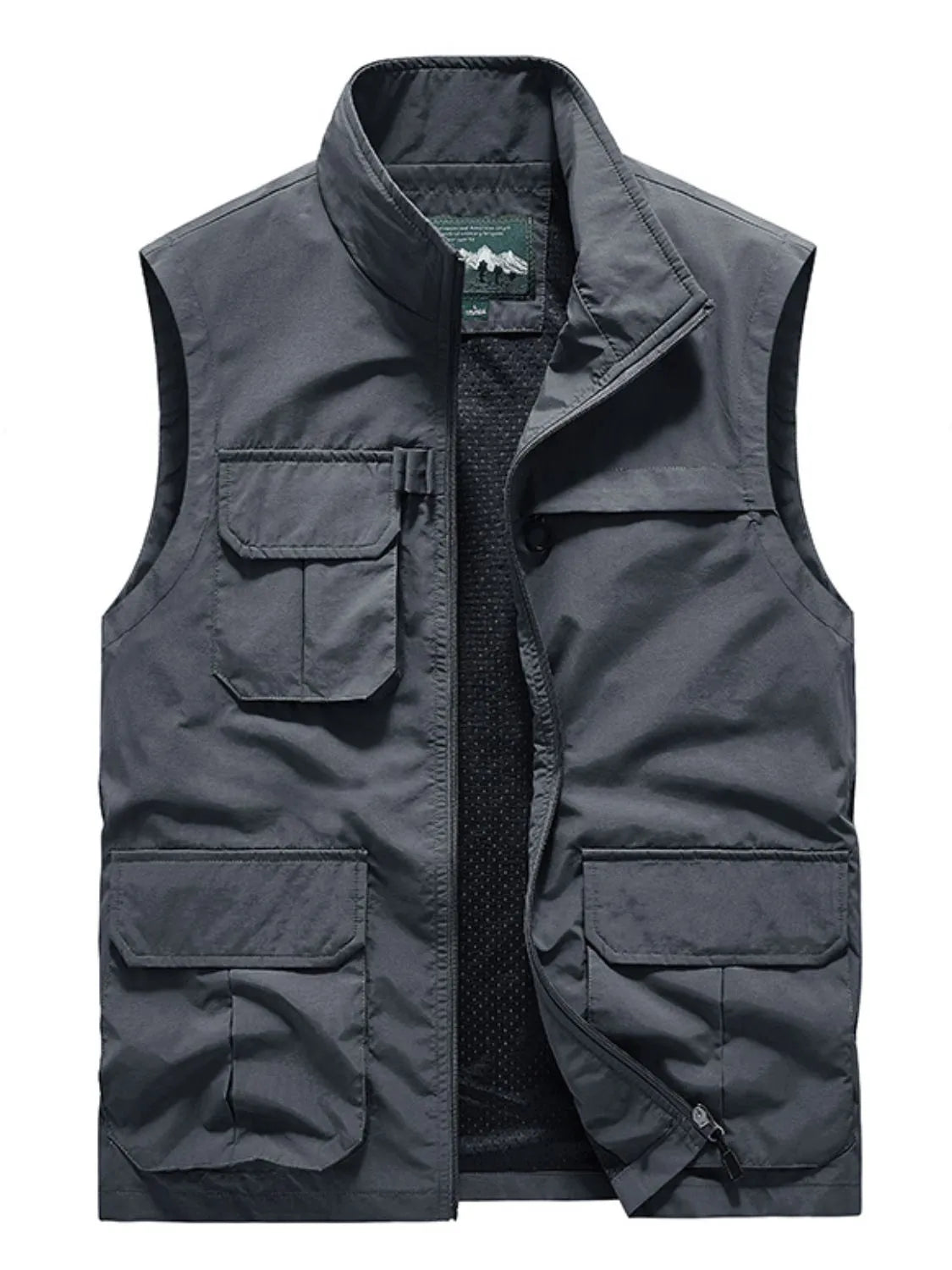 Men's plus size zip up vest in dark color with multiple pockets and basic style, 100% nylon.