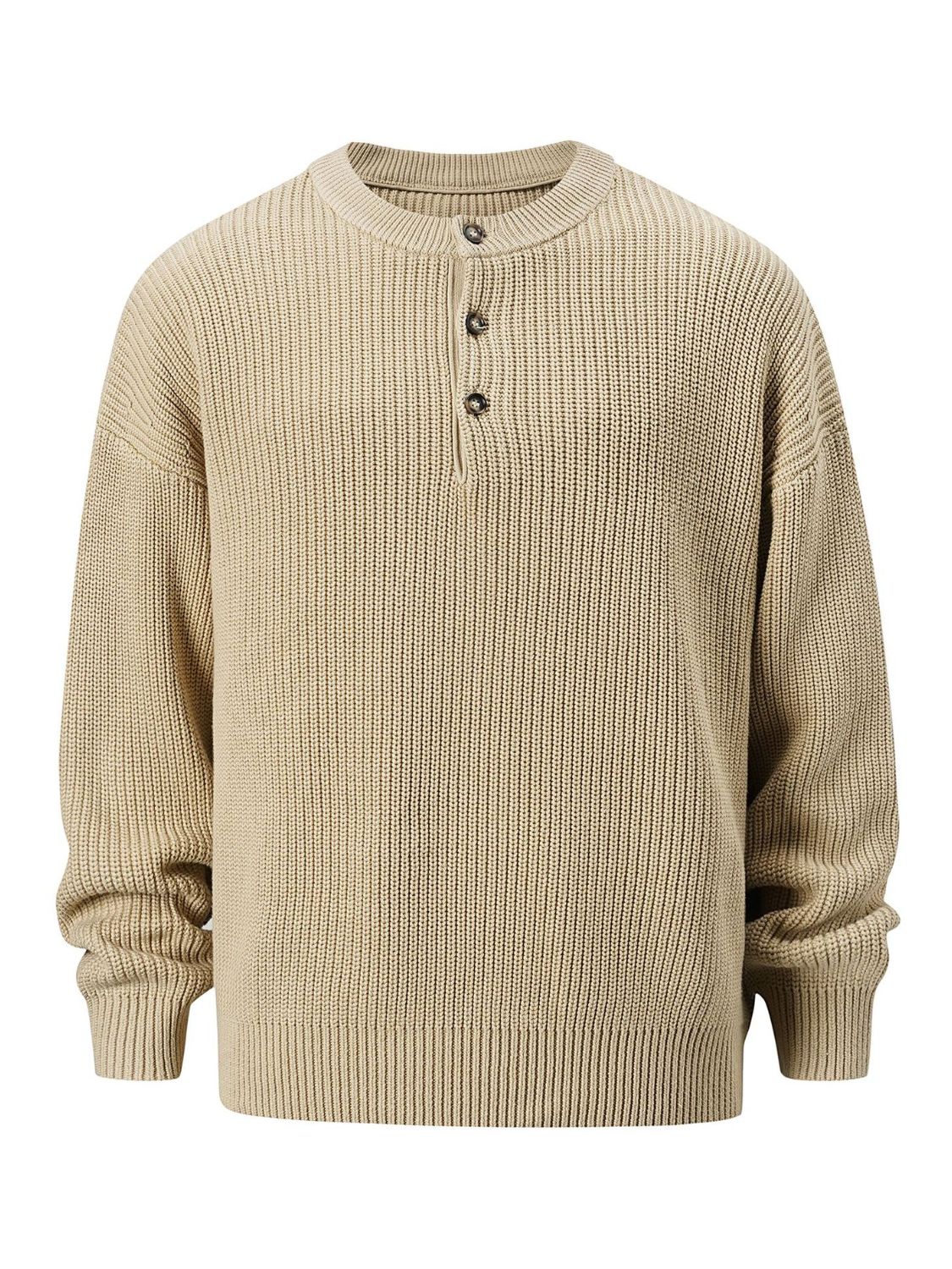Men's round neck long sleeve sweater in beige, featuring basic style and stretchy material composition of 95% cotton and 5% polyester.