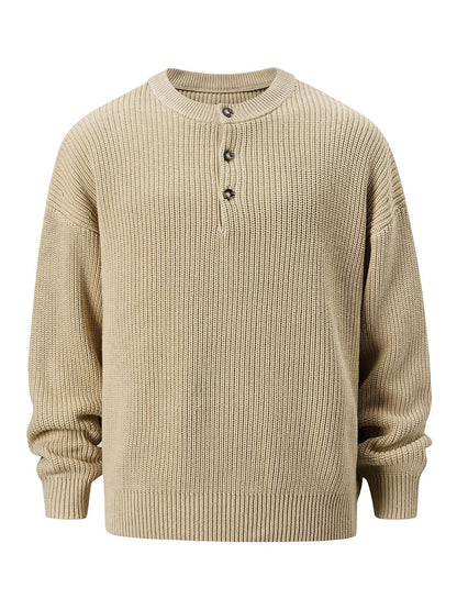 Men's round neck long sleeve sweater in beige, featuring basic style and stretchy material composition of 95% cotton and 5% polyester.