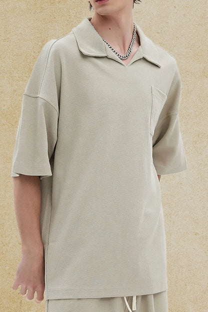 Men's collared neck half sleeve polo in light beige, slightly stretchy 100% cotton.