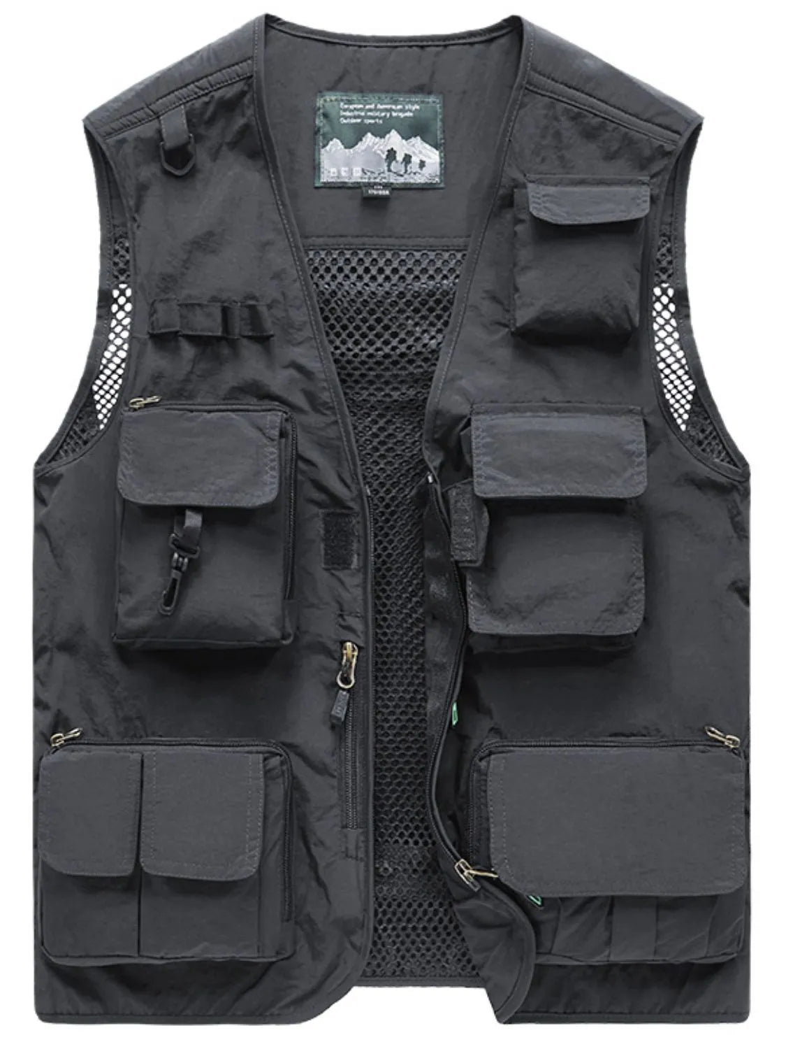 Men's full-size zip-up vest with multiple pockets, plus size, polyester material.