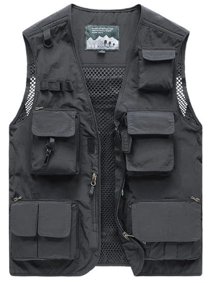 Men's full-size zip-up vest with multiple pockets, plus size, polyester material.