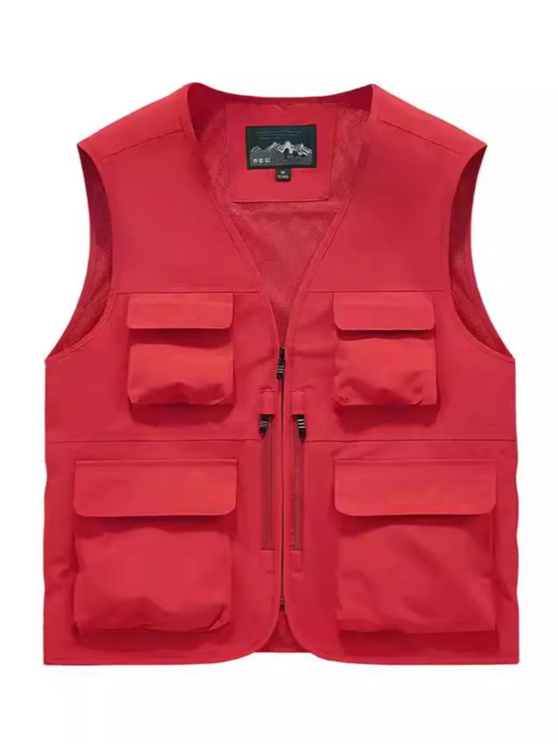 Men's full size zip up vest in red with multiple pockets, made from 100% nylon.