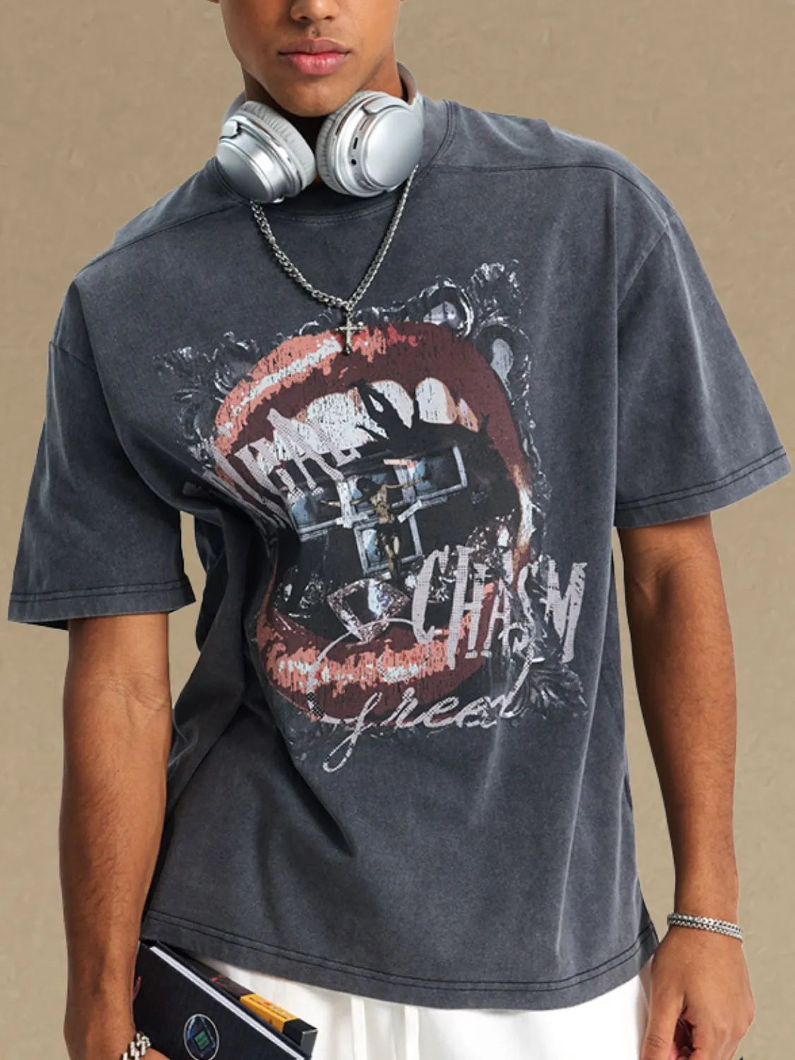 Men's graphic round neck half sleeve T-shirt with unique design on front.