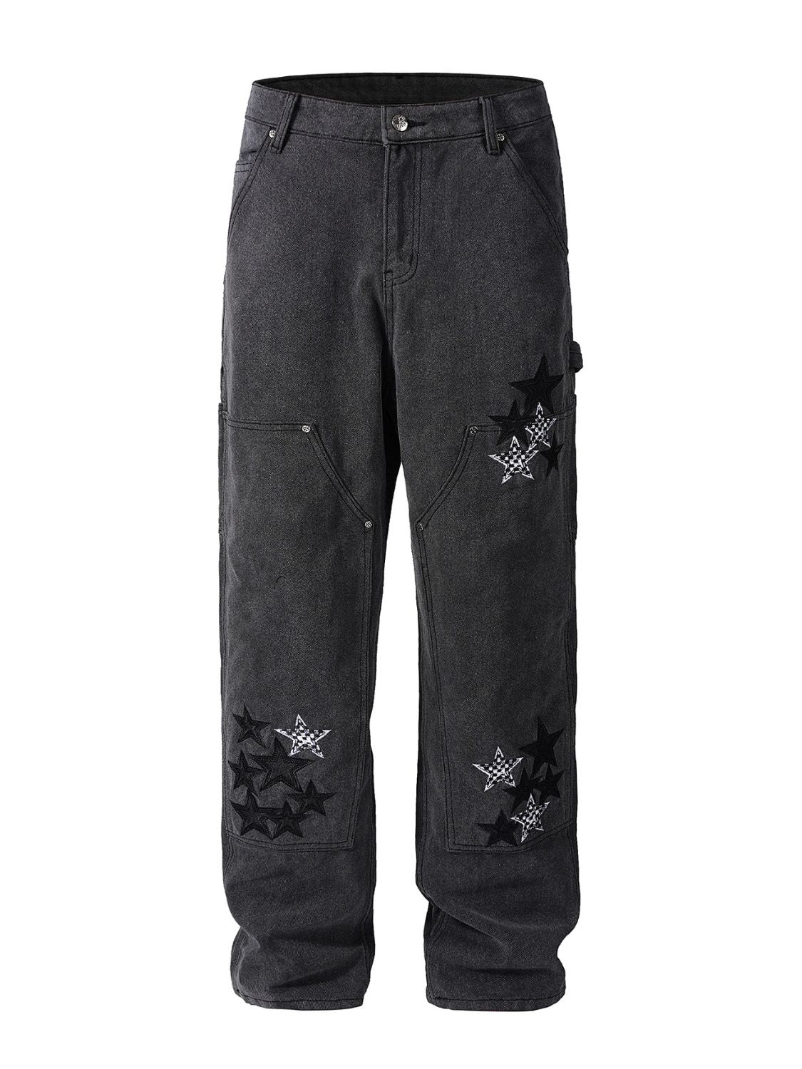 Men's pocketed star jeans in dark color with star designs and practical pockets.
