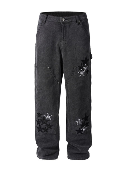 Men's pocketed star jeans in dark color with star designs and practical pockets.