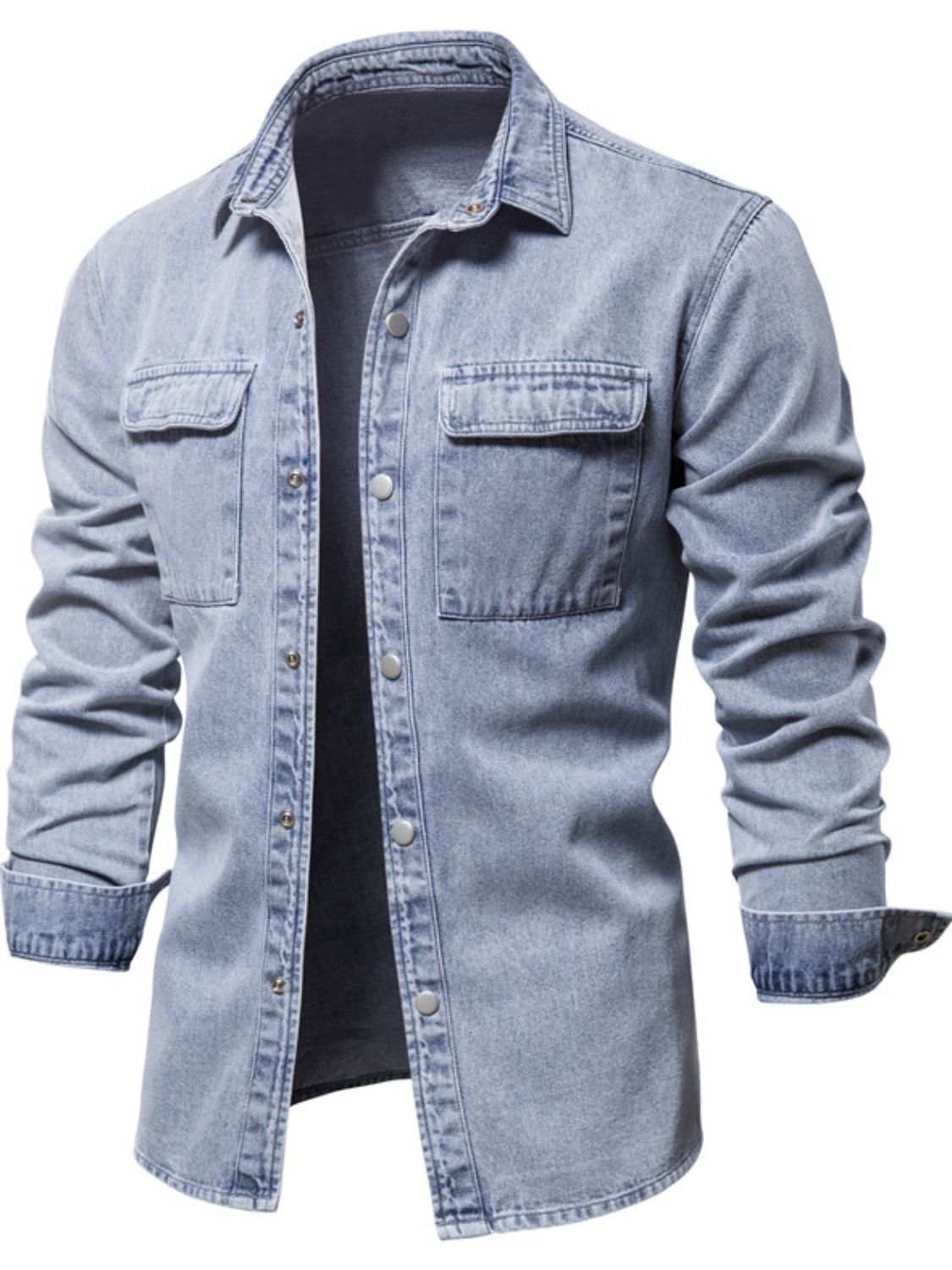 Men's button down denim jacket with chest pockets, basic style, 100% cotton.