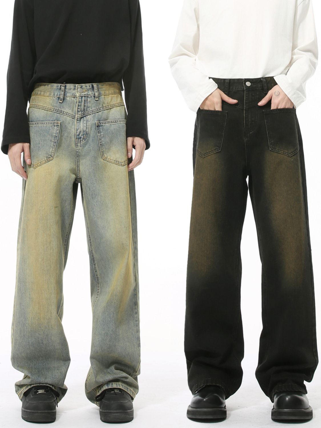 Men's distressed backward jeans in light and dark wash, classic design, displayed on models.