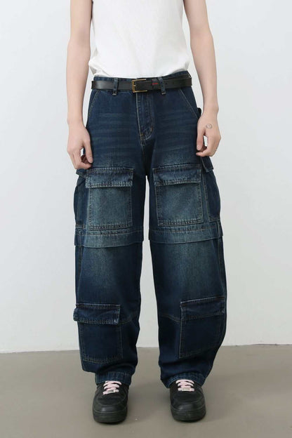Men's mid rise jeans with cargo pockets, basic style, no stretch, cotton blend.