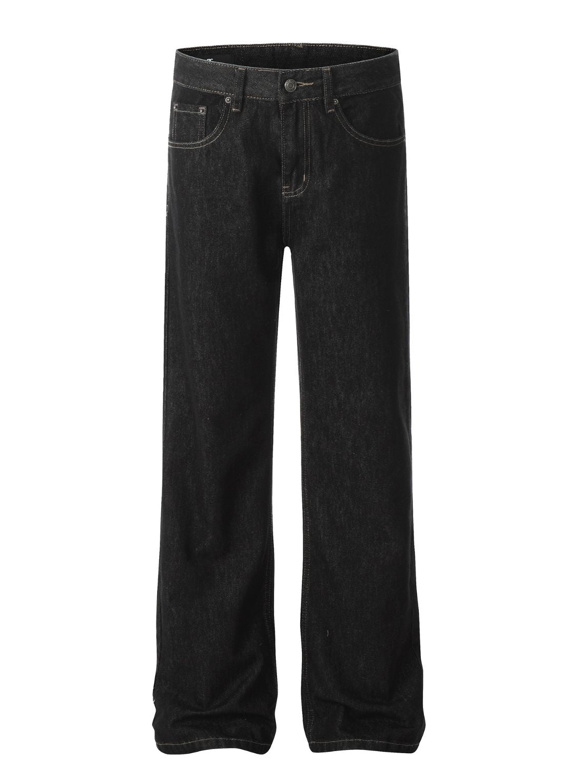 Men's straight leg jeans with pockets, black, cotton blend, no stretch.