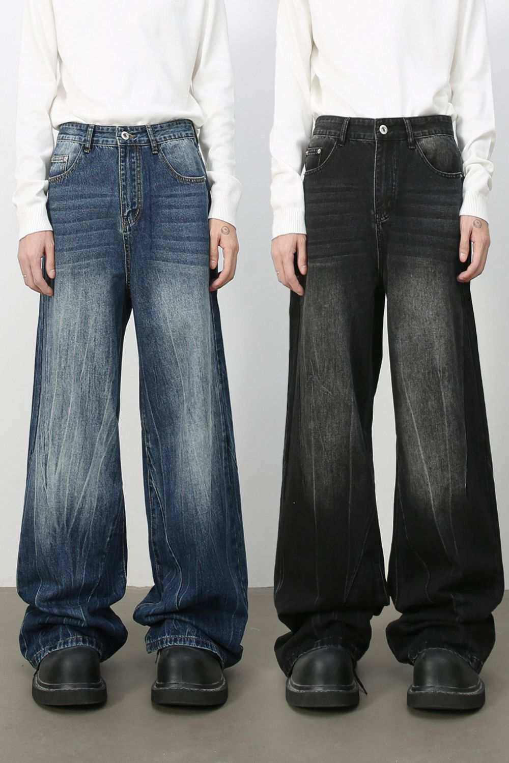 Men's wide leg jeans with pockets, available in washed blue and black, featuring no stretch design.