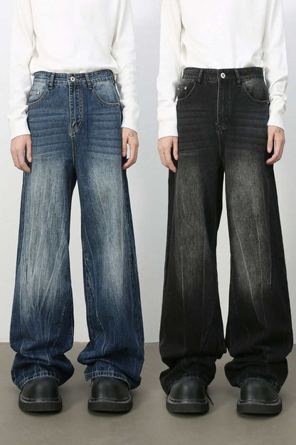 Men's wide leg jeans with pockets, available in washed blue and black, featuring no stretch design.