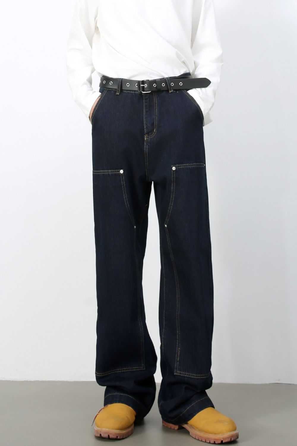 Men's wide straight leg jeans with pockets in dark denim.