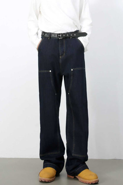 Men's wide straight leg jeans with pockets in dark denim.