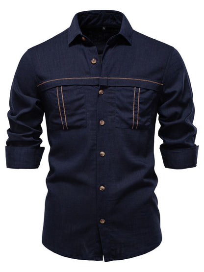 Men's button down collared neck shirt with pockets, slightly stretchy viscose and linen blend.