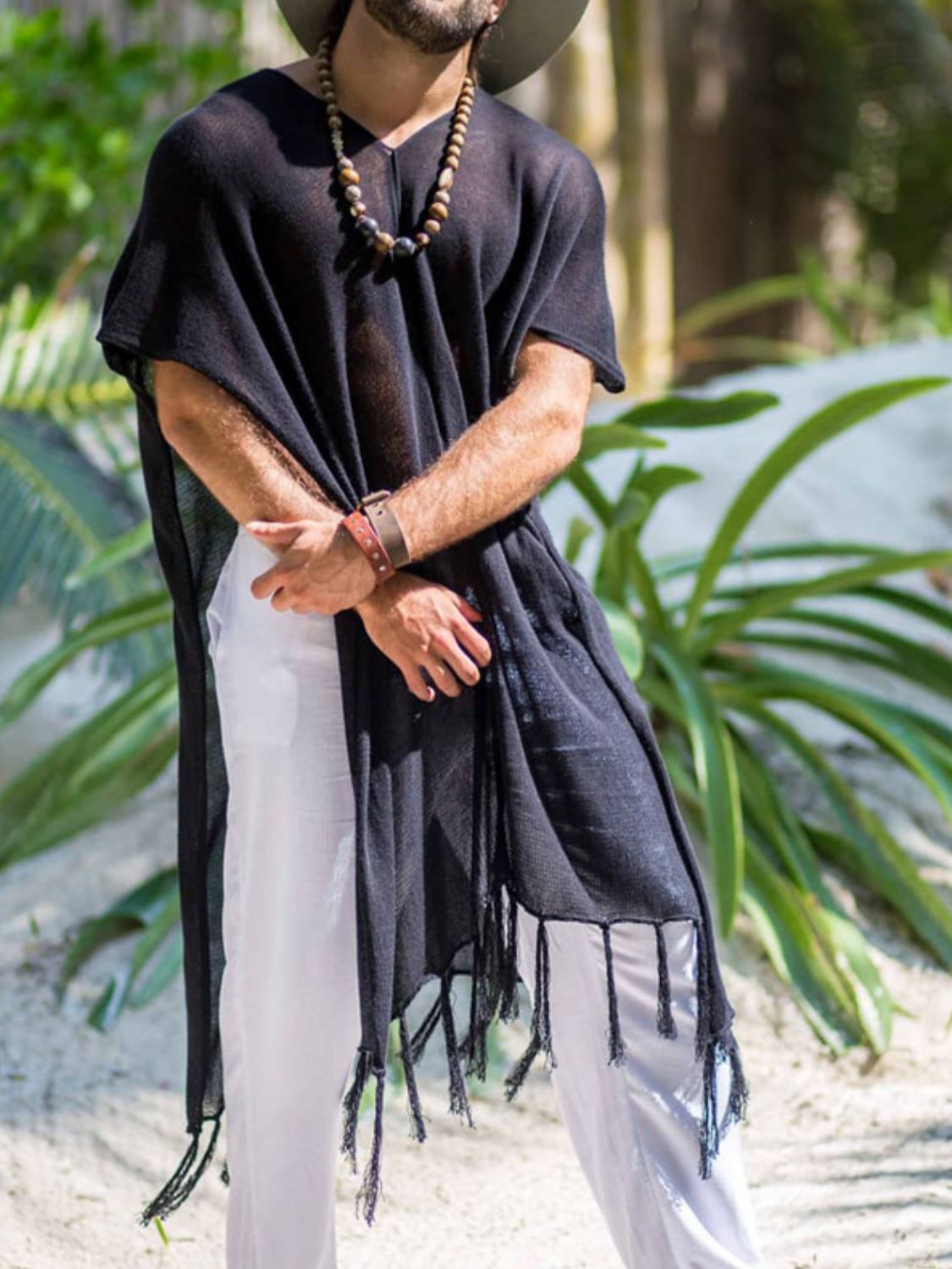 Men's full size fringe V-neck half sleeve cover up in black, lightweight and slightly stretchy.