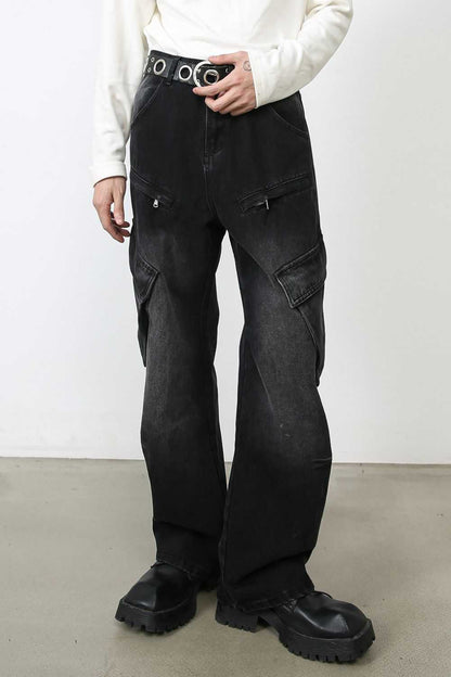 Men's baggy jeans with cargo pockets, black, no stretch, cotton blend material.