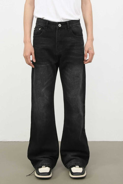 Men's loose fit jeans in dark wash, straight-leg, button-fly, and no stretch.
