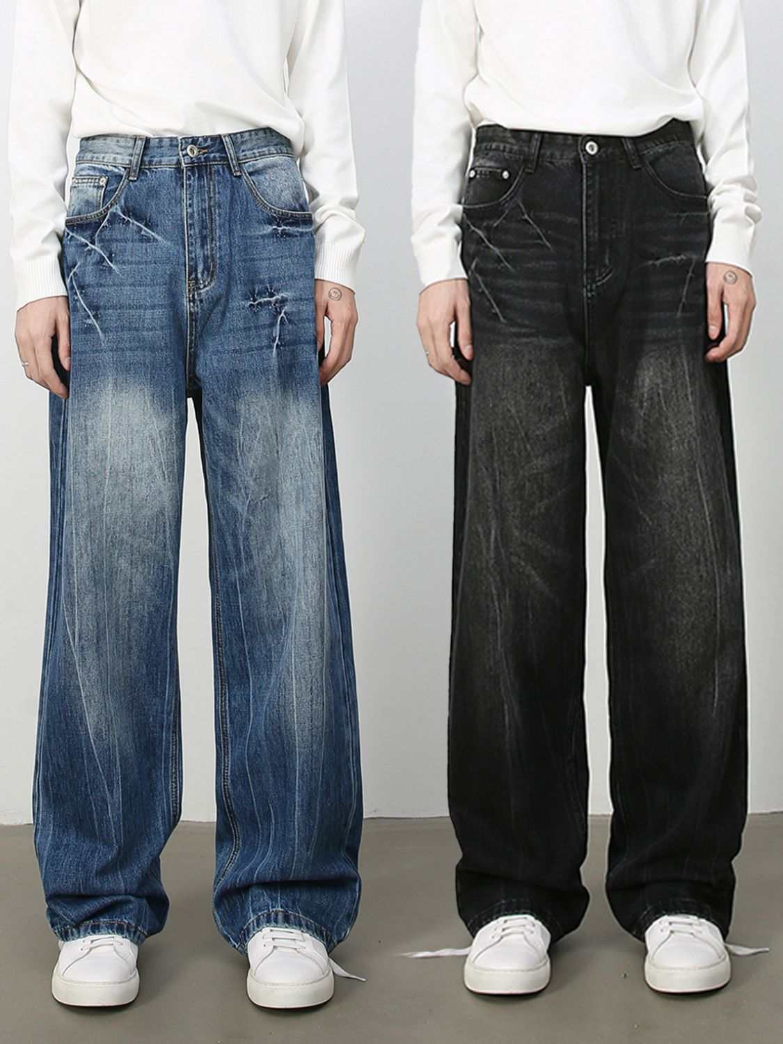 Men's loose fit jeans with pockets in blue and black, featuring a basic style and cat's whisker design.