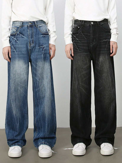 Men's loose fit jeans with pockets in blue and black, featuring a basic style and cat's whisker design.
